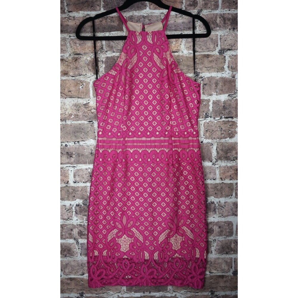 LULUS Pink Lace Halter Dress S Mini Bodycon Cocktail Wedding Guest Coquette Boho